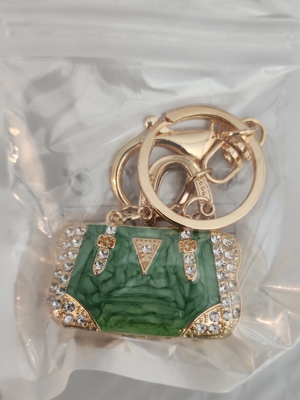 Gold-Tone Green Enamel Handbag Keychain Bagcharm with Crystal Accents